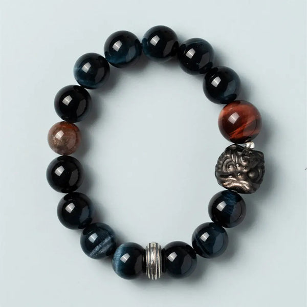 East Energy Blue Tiger Eye & Obsidian Lion Bracelet - Protection & Confidence